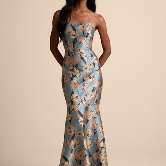 Lulus Gowning Around Slate Blue Floral Jacquard Strapless Maxi